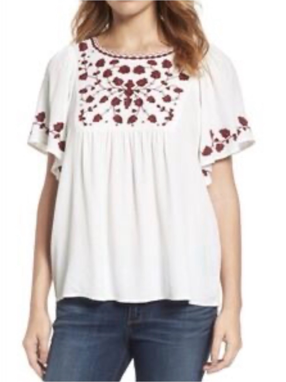 Lucky Brand Peasant Top Embroidered Floral Detail Flutter-Sleeve Sz 3X